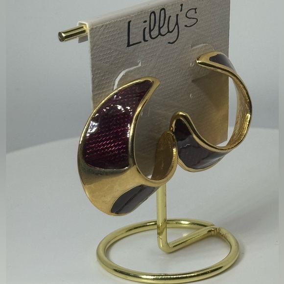 Vintage Unique Gold and Burgundy  Crescent Hoop Earrings NWT - Picture 1 of 9